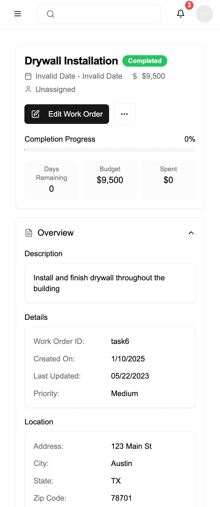 A work order on mobile