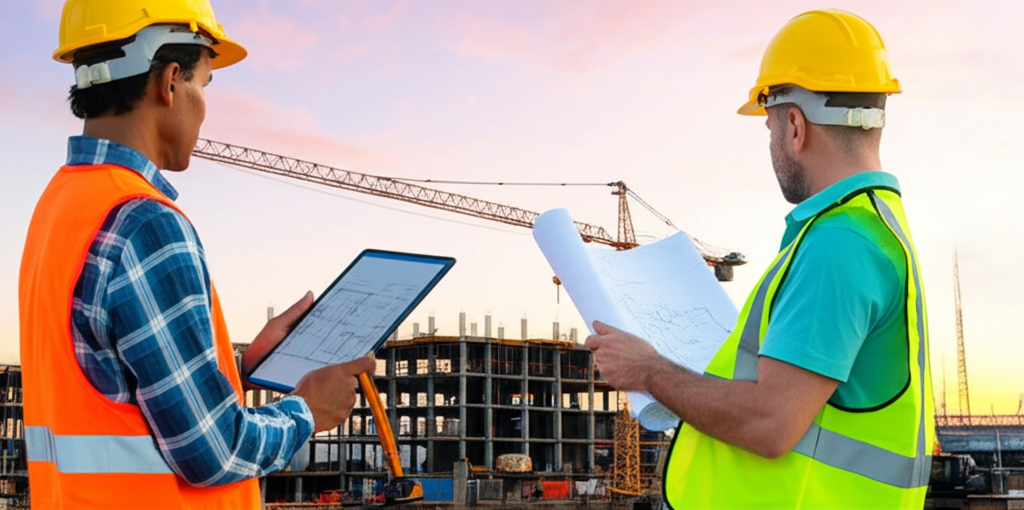 Construction site with digital overlay showing payment and work order management