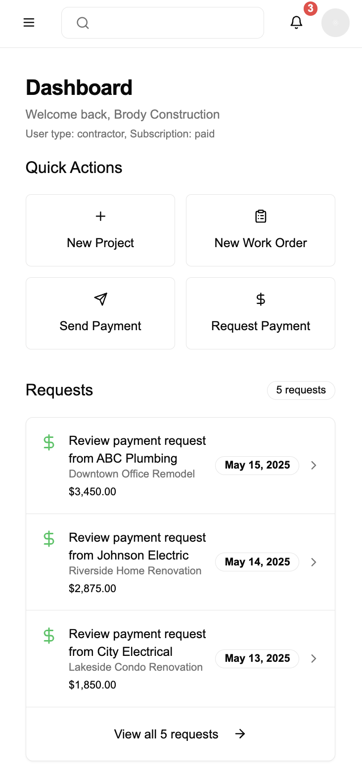 Plumb mobile app dashboard view