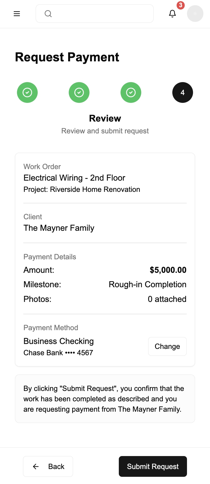 Plumb mobile app request payment screen