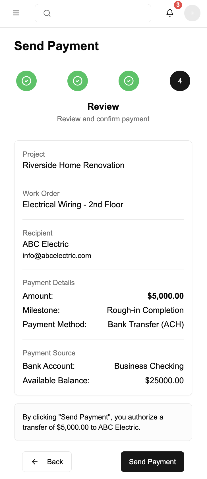 Plumb mobile app send payment screen
