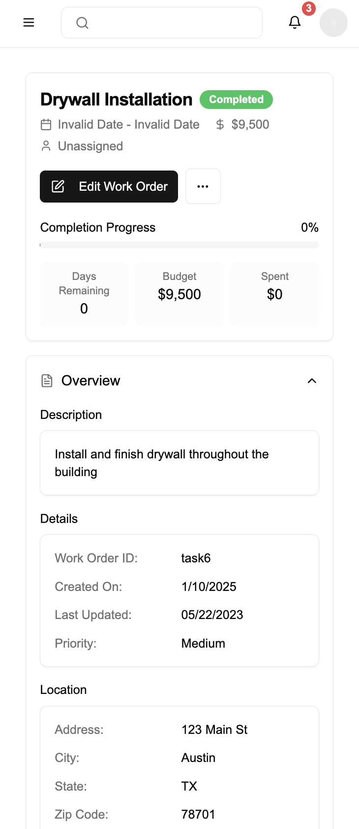 Plumb mobile app work order details view